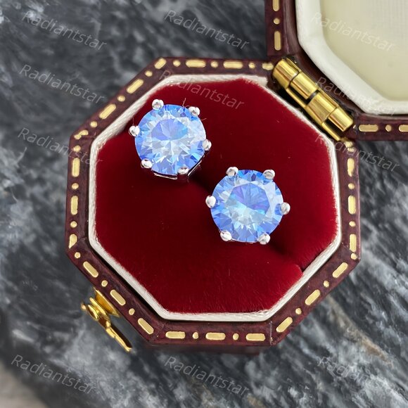 NEW Certified 2ct. t.w. Royal Blue Moissanite 6 Prone  NEW Certified 2ct. t.w. Royal Blue Moissanite 6 Prone Solitaire Stud Earrings